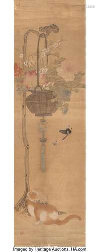 Chinese School (19th Century) Cat and Flower Basket Ink and ...