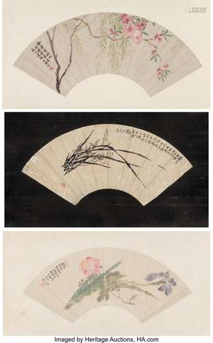 A Group of Three Chinese Fan Paintings Marks total: five red...