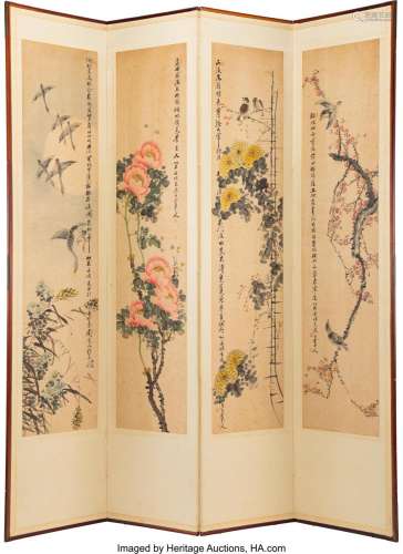 A Chinese Four Panel Flowers of the Four Seasons Folding Scr...