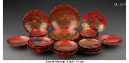 A Twenty-Piece Set of Japanese Red Lacquer Dishes Marks: two...
