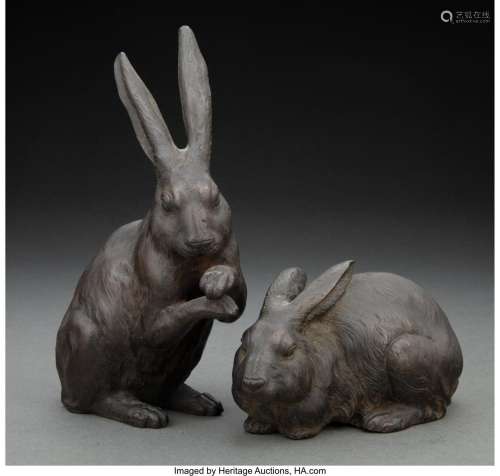 A Pair of Japanese Bronze Rabbit Okimono Marks to tallest: e...