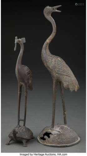 Two Japanese Bronze Cranes 13 x 4-1/2 x 4-1/4 inches (33.0 x...