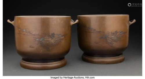 A Pair of Japanese Mixed Metal Bronze Hibachi 9 x 13 x 10-1/...