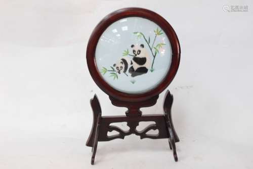 Chinese Table Screen w Double Side Silk