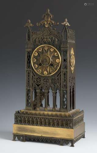 Neo-Gothic clock, 19th century.Patinated and gilded bronze.T...