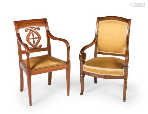 Charles X chair and armchair, first third s.XIX.Mahogany woo...