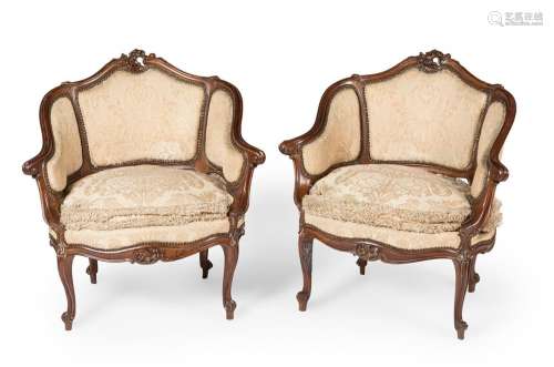 Pair of Louis XV armchairs. France, 18th century.Walnut wood...