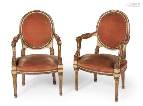 Pair of Louis XVI style armchairs, XIX century.Carved and po...