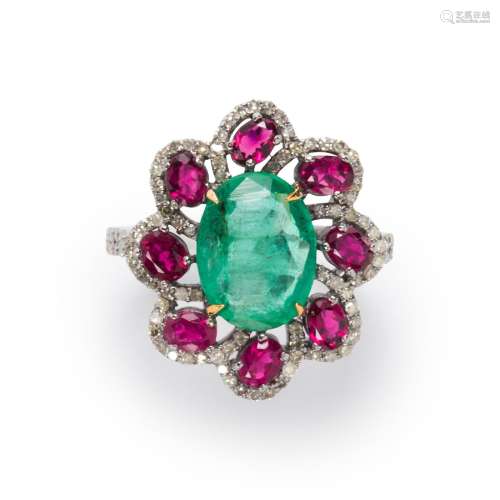 An emerald, rubellite tourmaline, and diamond ring