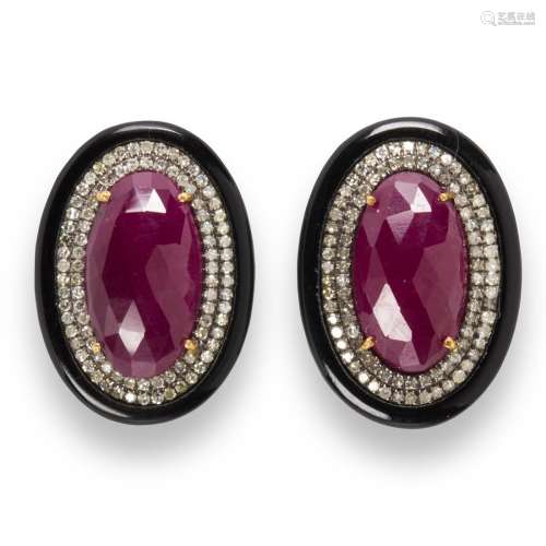 A pair of ruby, diamond and onyx earrings