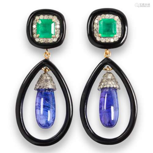 A pair of tanzanite, emerald, onyx and diamond earrings
