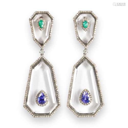 A pair of rock crystal, emerald, tanzanite and diamond earri...