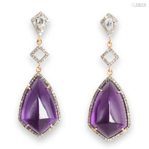 A pair of amethyst, moonstone and diamond earrings