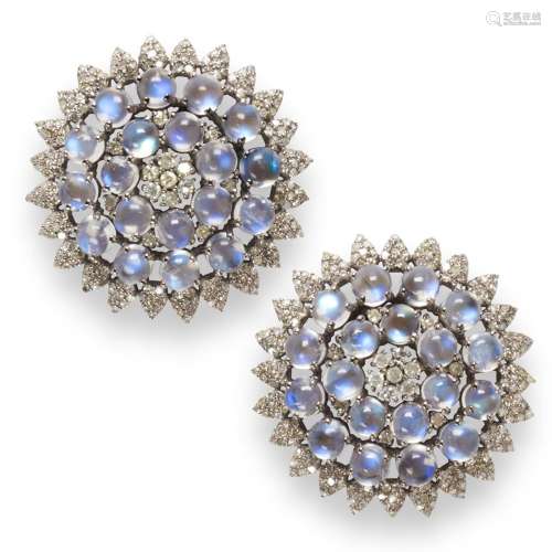 A pair of moonstone and diamond earrings