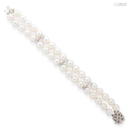 A cultured pearl, diamond and fourteen karat white gold brac...
