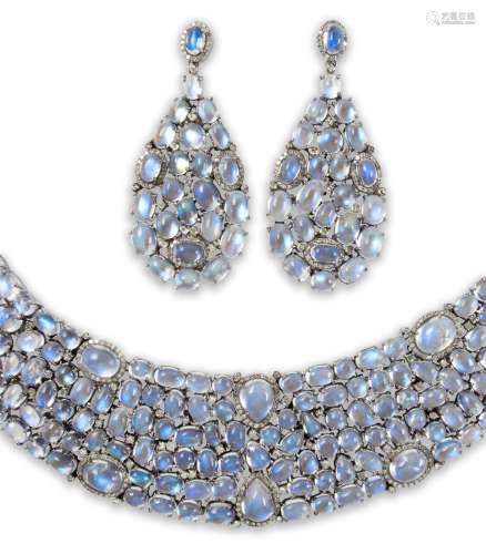 A pair of blue moonstone and diamond earrings and necklace s...