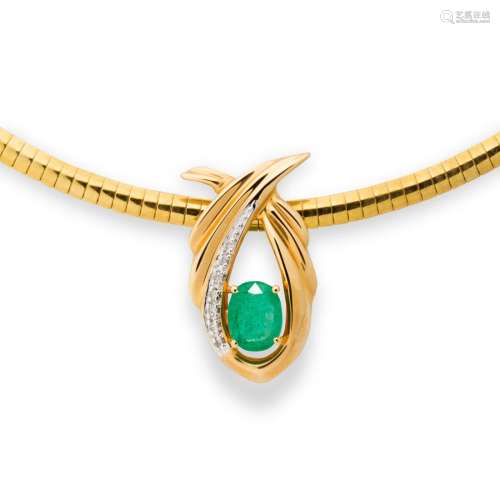 An emerald, diamond and fourteen karat gold pendant necklace