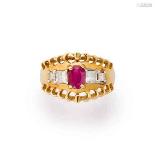 A ruby, white sapphire and fourteen karat gold ring