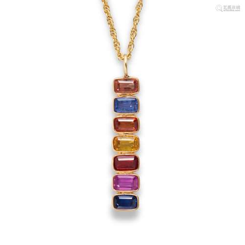 A fancy colored sapphire and gold pendant necklace