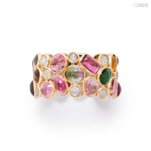 A multi-hued tourmaline and eighteen karat gold ring