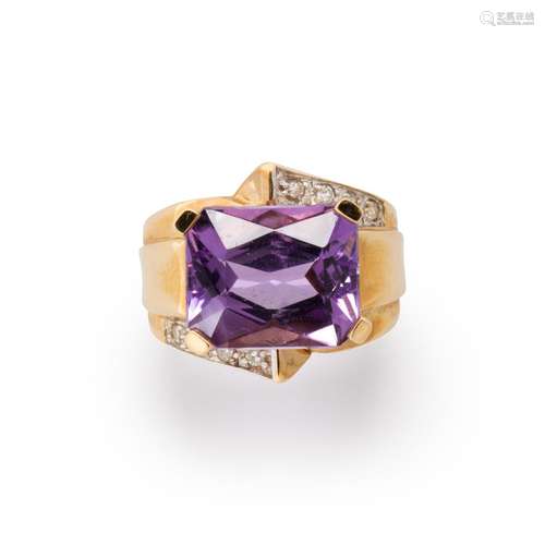 An amethyst, diamond and fourteen karat gold ring