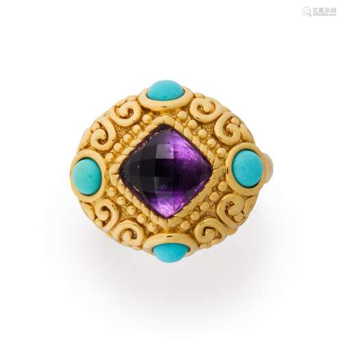 An amethyst, turquoise and fourteen karat gold ring