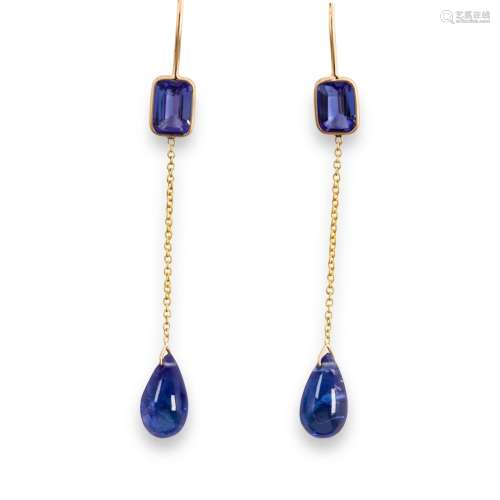 A pair of tanzanite and eighteen karat pendant earrings