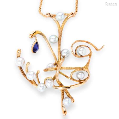 A pearl, Iolite and fourteen karat gold necklace