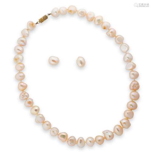 A pair of cultured pearl earrings and necklace suite