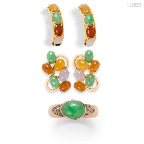 A group of multi-color hardstone and fourteen karat gold jew...