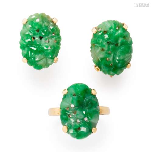A pair of jade and fourteen karat gold earrings and ring sui...