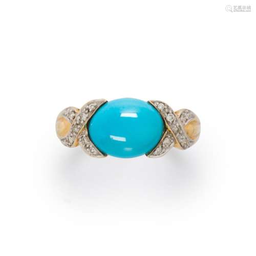 A turquoise, diamond and fourteen karat bi-color gold ring