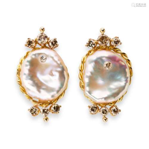 A pair of keshi pearl, diamond and eighteen karat gold ear c...