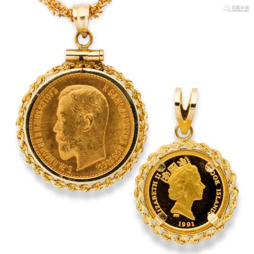 A group of gold coin and fourteen karat gold pendants