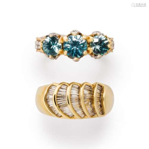 A group of CZ, blue zircon and fourteen karat gold ring