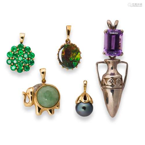 A group of gemstone pendants