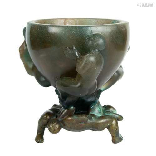A Daum pate de verre glass and bronze figural Songe vase des...
