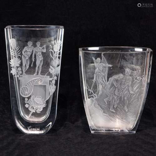 (Lot of 2) Sklo Safranek Czech intaglio cut glass vases