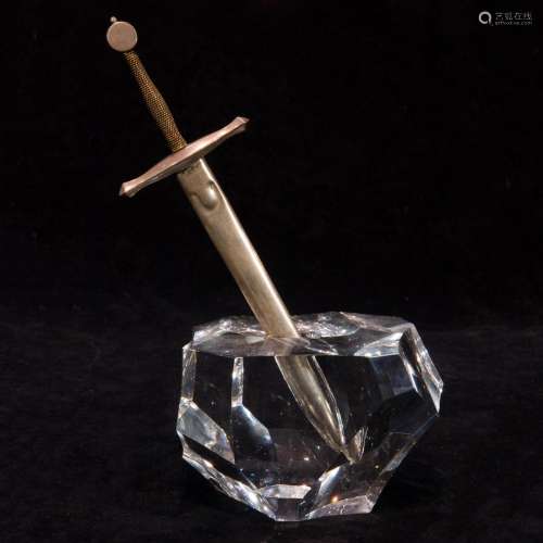 A Steuben glass, sterling silver and 18k gold Excalibur lett...