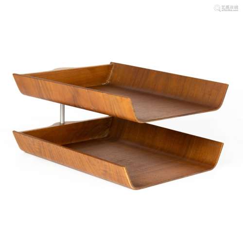 A Florence Knoll walnut bentwood and aluminum two-tier lette...