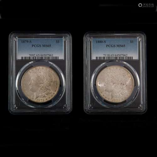 (Lot of 2) 1879S, 1880S Morgan Dollars, both PCGS, MS65