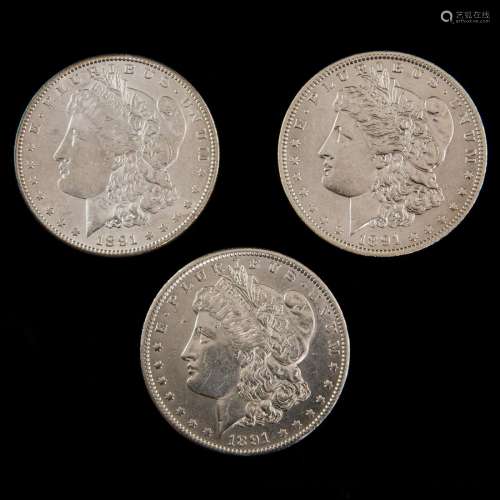 (Lot of 3)Morgan Silver Dollars, 1891 o, p, s (Au+ - Bu+)