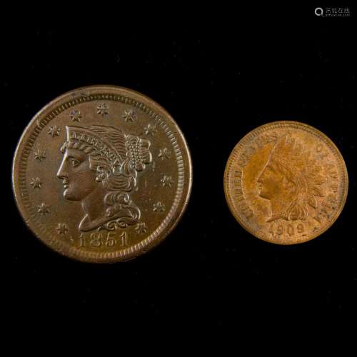 (Lot of 2) 1851 Large Cent, Bu/ChBU, 1909 Proof BU Indian he...