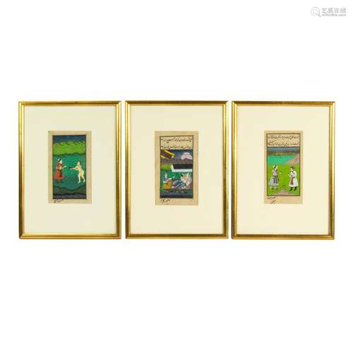 (Lot of 3) Persian miniature manuscript paintings on paper: ...