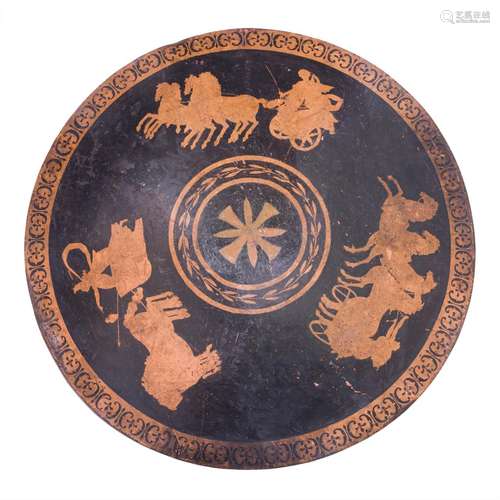 A Continental ebonized metal shield fashioned in the Greek A...