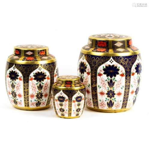 (Lot of 3) Royal Crown Derby porcelain ginger jars with cove...