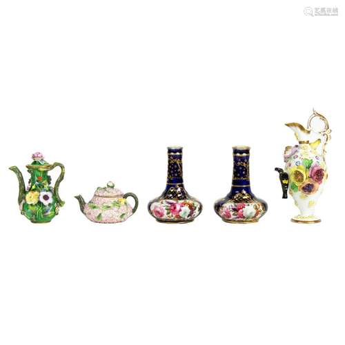 (Lot of 5) English porcelain miniature vases and teapots, ea...