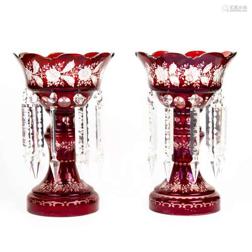 A pair of Bohemian ruby flashed cut to clear glass lusters