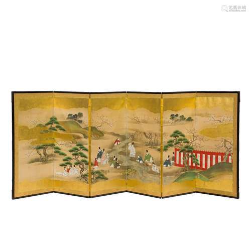 Pair of Japanese Tosa school six-panel folding screens