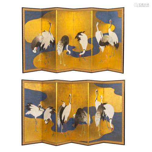 Pair of Japanese six-panel folding screens